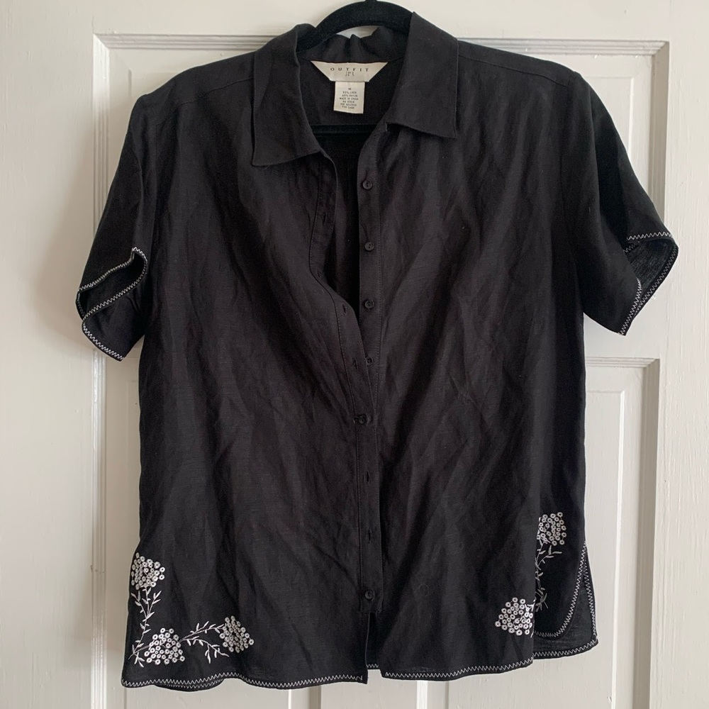 Black embroidered linen blend short sleeve button-up